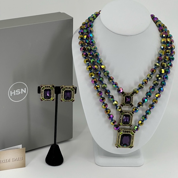 Heidi Daus Purple Rhinestone Triple Layer AB Necklace Clip On Earring Set - Picture 2 of 11